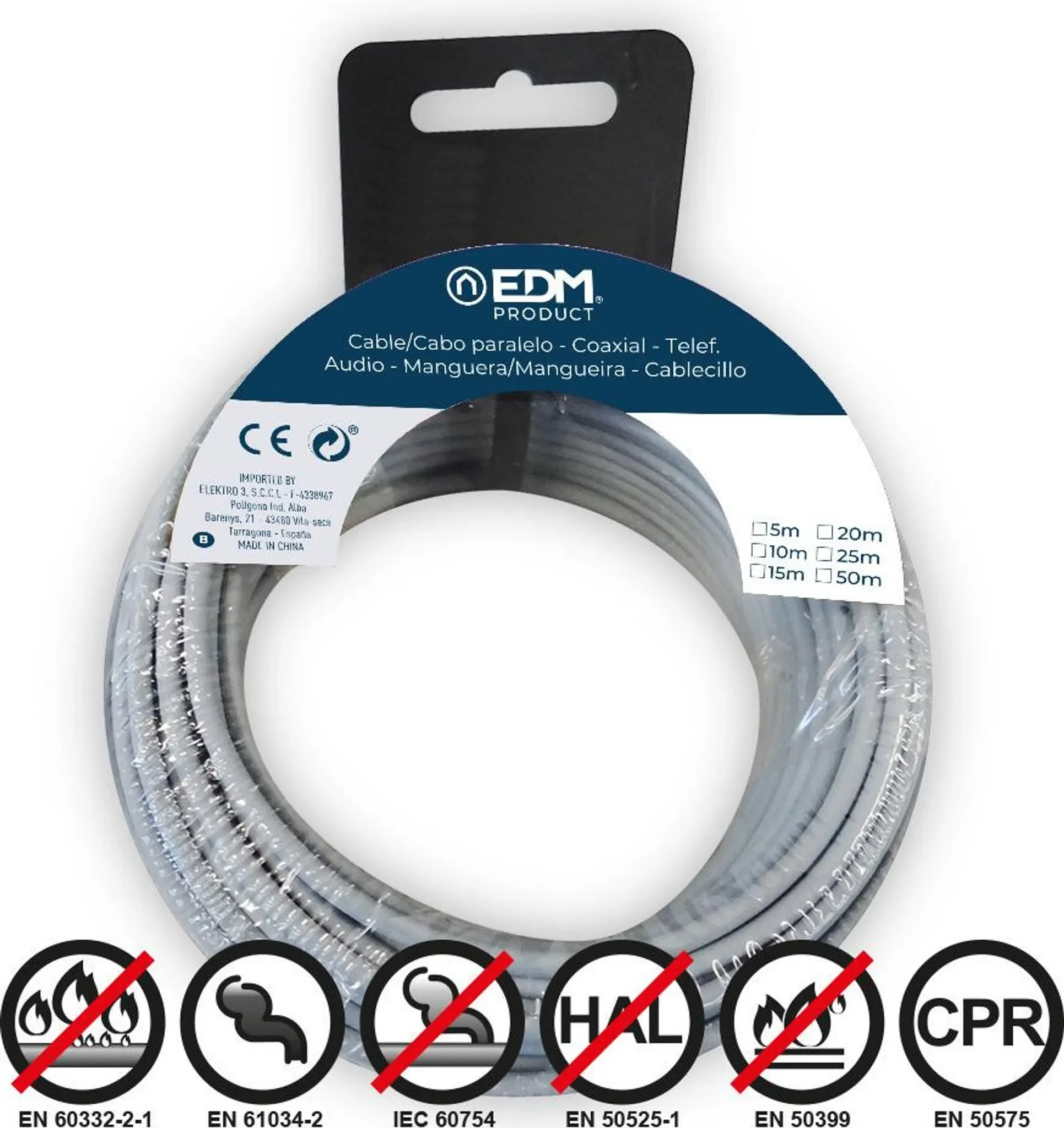 EDM Flexible Kabelspule – 1,5 mm², 10 m, Grau